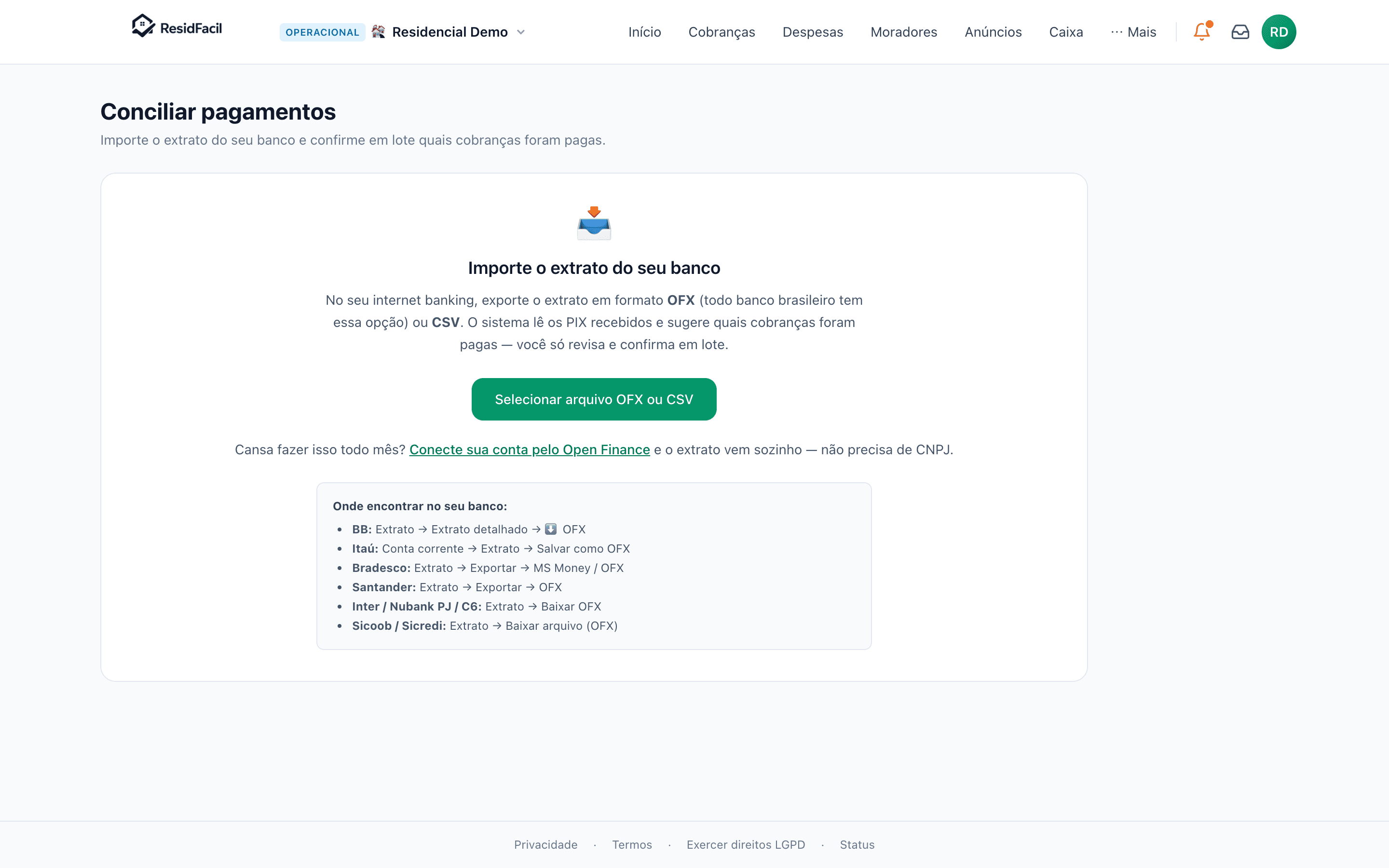 Tela do ResidFacil que recebe o extrato do banco, com o convite pra ligar a conta e a lista de onde baixar o extrato em cada banco.